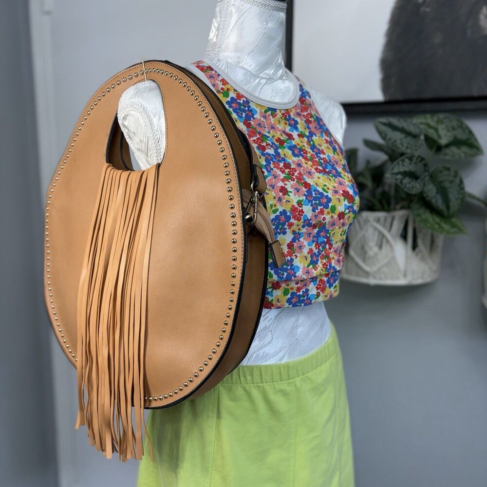 Boho Fringe Tote Bag Tan Faux Leather Studded Round Crossbody Purse Western Vibe